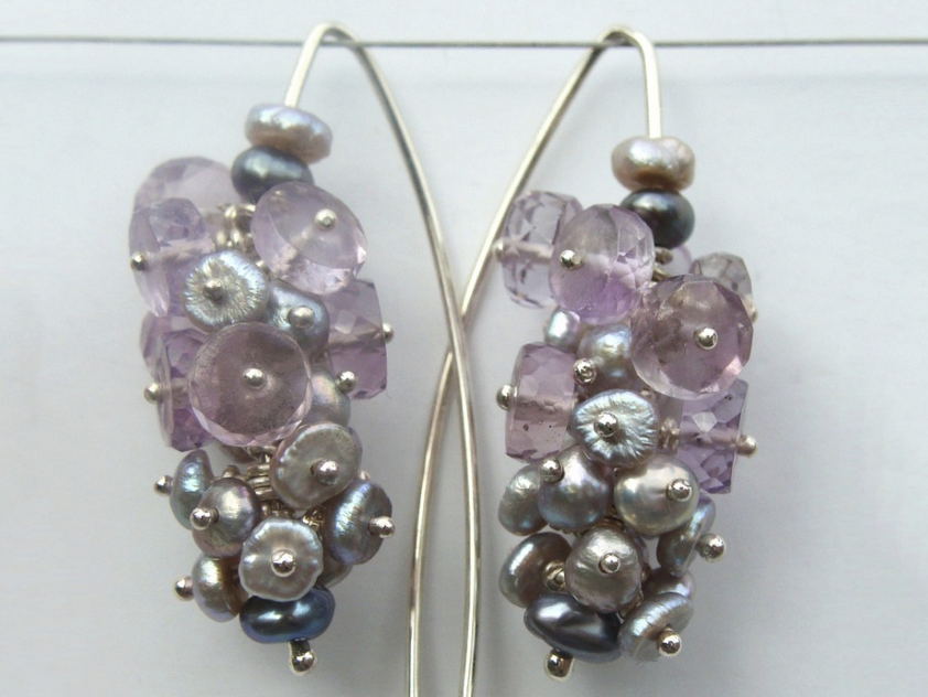 Fleur Kerry-Wiseman - Silver, amethyst and black/silver fresh water pearl large cluster earrings